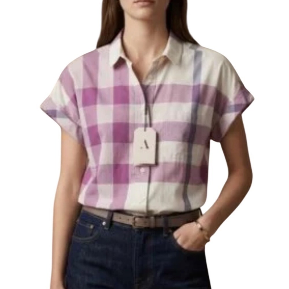 Burberry Brit Womens XL Mauve Oversized Plaid Short Sleeve Button Down Shirt Top